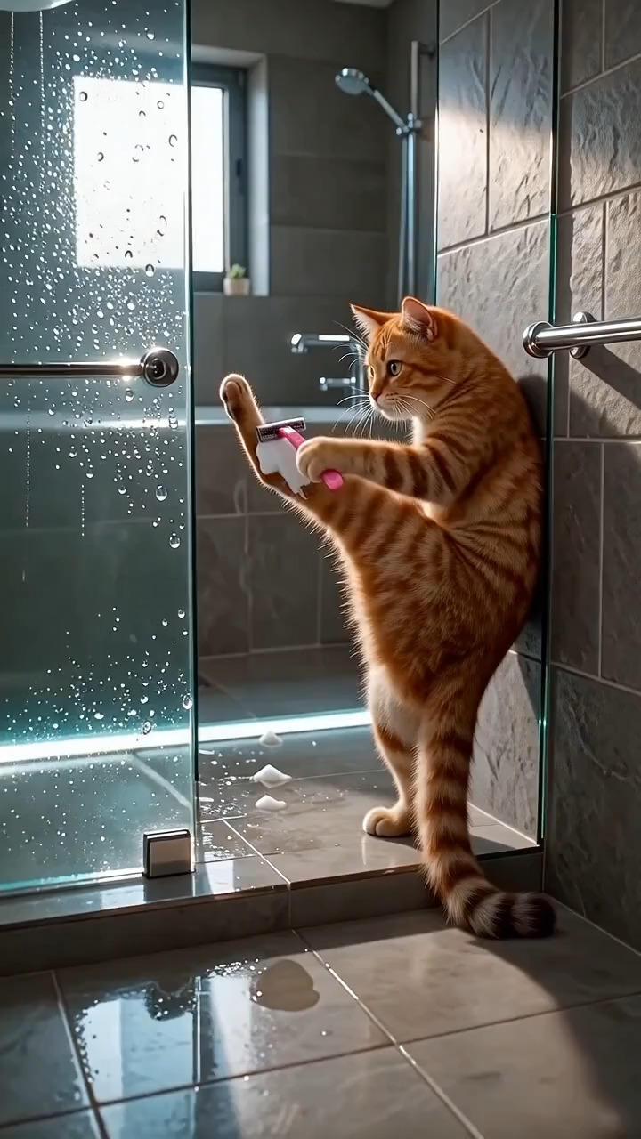 Cinematic shot, 8k resolution. An orange tabby cat standing on its hind legs inside a modern shower, leaning against the grey tiled wall. The cat is holding a pink razor and is humorously shaving its lifted leg like a human. Water droplets are visible on the glass shower door in the foreground, creating depth. Soft natural light coming from a window. The camera slowly zooms in (dolly in) from a full shot to a medium shot, focusing on the cat's serious and concentrated expression. Photorealistic, highly detailed fur texture, surreal and funny atmosphere
