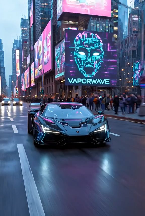A cinematic low-angle tracking shot of a futuristic black hypercar drifting down a wet, rain-slicked street in a cyberpunk city at night. The car is sleek with neon accents. The background features towering skyscrapers and massive digital billboards, prominently displaying a neon blue cybernetic skull with the text 'VAPORWAVE' glowing brightly. Crowds of people on the sidewalks are blurred by the speed. Pink and purple neon lights reflect on the wet asphalt. Photorealistic, 8k, high contrast, synthwave aesthetic.