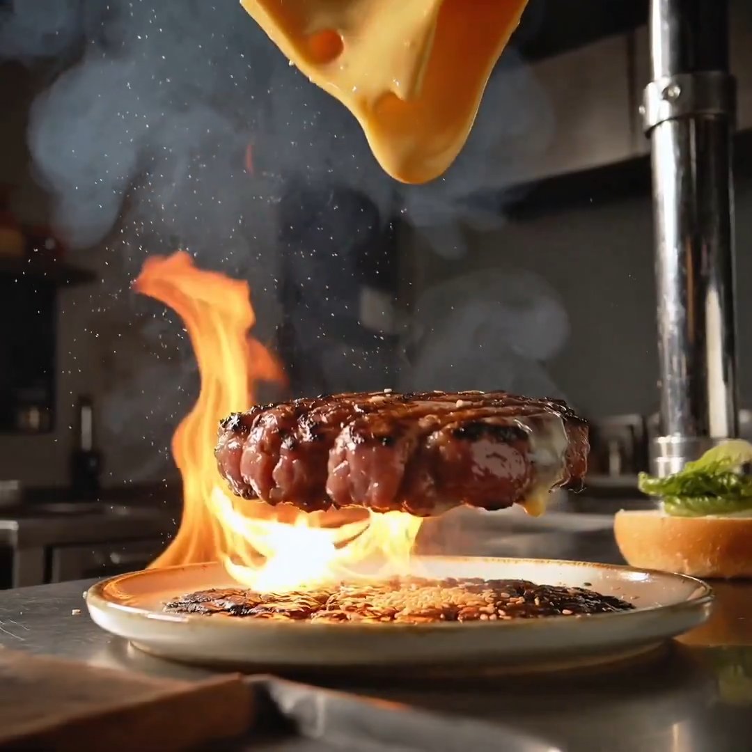 In a bold, stylized kitchen studio, a fresh beef patty lifts into the air and gently rotates in slow motion as flames and hot grill waves rush past. The surface sizzles instantly, releasing bursts of steam and sparkling fat as rich grill marks form. A slice of creamy cheddar floats down and melts over the patty, dripping smoothly along the edges in glossy ribbons.
A soft, toasted burger bun halves itself mid-air, its interior glowing golden as butter melts into the crumb. Crisp lettuce leaves flutter like paper-thin sails, ripe tomato slices spin gracefully, and red onion rings hover before stacking themselves perfectly. A swirl of tangy burger sauce paints the bun in a smooth spiral.
The fully assembled burger descends and lands with weight into a clean white ceramic plate. Instantly, auto-finishing activates: sesame seeds settle on the bun, a light sheen of butter glows on the surface, and gentle steam rises from the layers.
The camera rests on the hero moment—cheese stretching, beef juicy and textured, vegetables fresh and vibrant—capturing a fantasy cooking finale that feels indulgent and cinematic.
Style: cinematic food fantasy with hyper-real grilling and texture detail
Camera: slow-motion low-angle grill shot, mid-air orbit during stacking, extreme macro cheese melt, top-down landing, slow push-in hero shot
Lighting: warm golden firelight on beef and cheese, soft studio fill on bun and garnish
Environment: stylized kitchen stage with floating ingredients, smoke wisps, polished serving counter
Motion: patty grills → cheese melts → bun toasts → toppings assemble → burger lands → auto garnish
Ending: iconic cheese & beef burger resting with steam and cheese stretch
Quality: 4K ultra-detailed, cinematic commercial look
No text, no logo