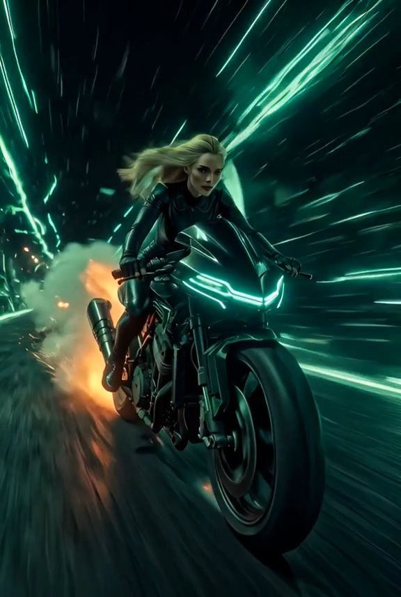 Cinematic dynamic shot, 10 seconds. A fierce blonde woman in a tight black sci-fi leather suit is riding a sleek futuristic motorcycle at breakneck speed. The motorcycle features glowing neon teal headlights. On the left side, a massive fiery explosion erupts with intense orange flames and flying sparks. On the right, streaks of teal light and shattering debris fly past to emphasize speed. Her hair flows violently in the wind. High contrast lighting between warm fire and cool neon. Hyper-realistic, 8k resolution, Unreal Engine 5 render style, intense action movie atmosphere