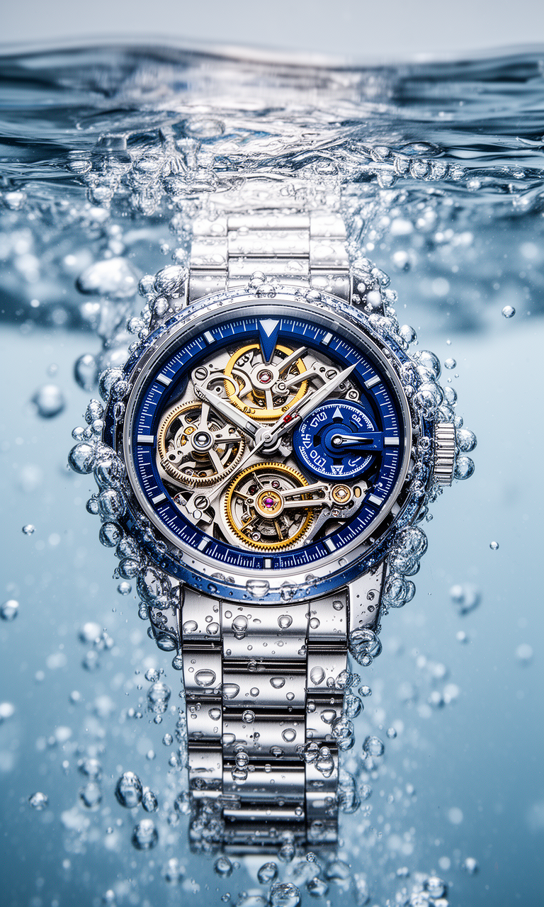 Underwater shot. Air bubbles slowly rising in the water. The second hand on the watch ticking. Light refracting through the water and glass. Serene and luxurious atmosphere.