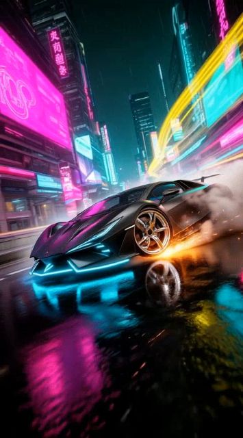 Fast driving. The car drifts aggressively around the corner at high speed. Smoke and sparks fly rapidly from the tires. City lights streak by in the background. Camera shakes slightly from the speed.