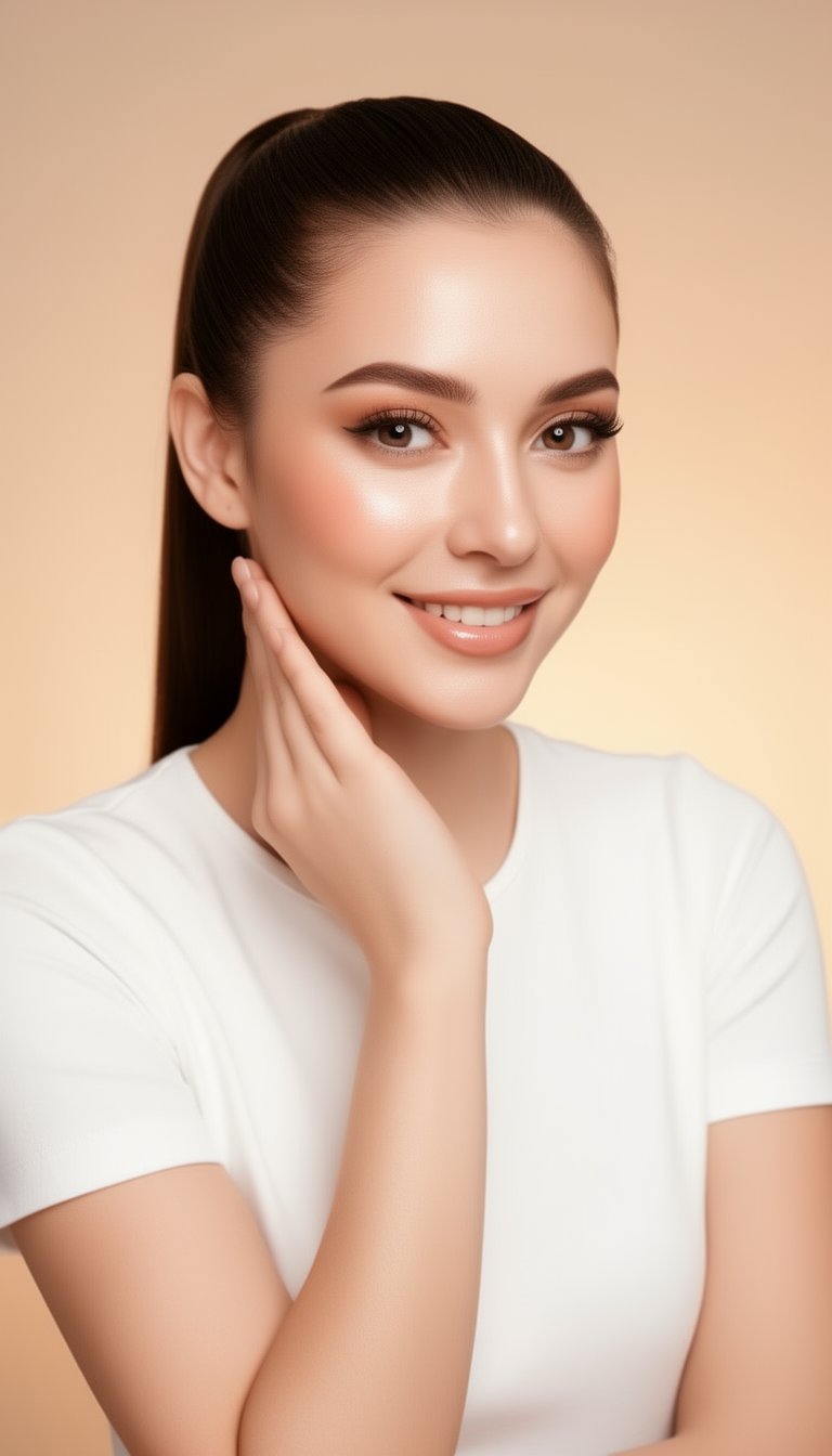 Vertical 9:16 premium skincare commercial portrait of a young woman (20s), half-body (waist-up), clean minimal studio background with soft warm gradient.
Clean girl makeup: glass-skin dewy base, refined pores, natural nude peach blush, soft brown tightline eyeliner, defined lashes, glossy nude lips, subtle highlight on cheekbones.
Hair: sleek ponytail, tidy edges, healthy shine.
Outfit: minimal white top, elegant and simple.
Pose: gentle smile, friendly eye contact, slight head turn, one hand softly near cheek.
Lighting: high-key softbox + beauty dish, bright exposure, soft shadows, strong eye catchlights, no dark areas.
Camera: 35mm, shallow depth of field, ultra-sharp eyes and lips, photorealistic, crisp details, luxury beauty advertising.
No text, no watermark, no logo, no nudity.