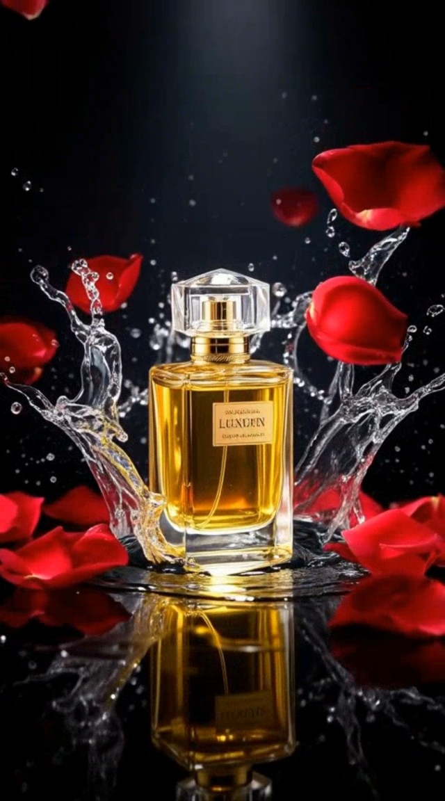 Super slow motion. Water droplets splashing elegantly around the bottle. Rose petals slowly falling from above. The liquid inside the bottle sways slightly. Cinematic camera orbit. High quality commercial ad.