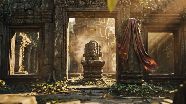 A cinematic establishing shot with smooth dolly movement, shallow depth of field, and dramatic natural lighting. The camera slowly pushes forward through a scene with volumetric light rays, soft film grain, and rich color grading. High detail, photorealistic textures, professional cinematography, 8K quality. Subtle ambient motion in the environment—leaves drifting, dust particles floating in light beams, or gentle fabric movement. Mood: [epic/mysterious/serene]. Subject: [describe main subject]. Location: [describe setting].